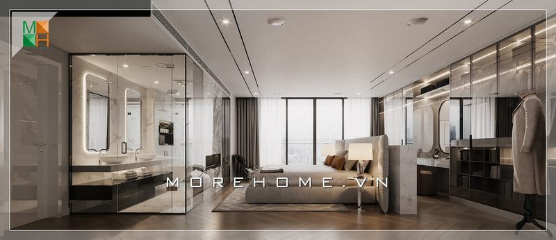 Căn phòng ngủ được trang bị nội thất chủ yếu là kính, từ nhà tắm kính đến cửa kính lùa của cửa sổ, tạo nên một không gian sang trọng và đẳng cấp.
